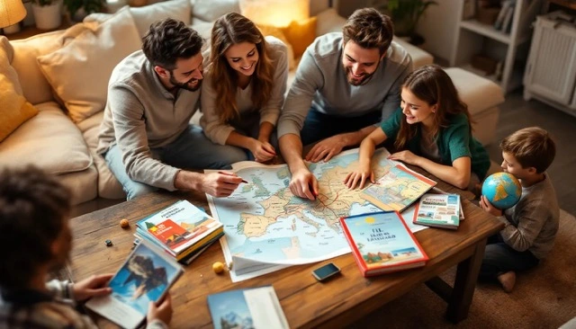 A family gathers around a table, planning their next adventure